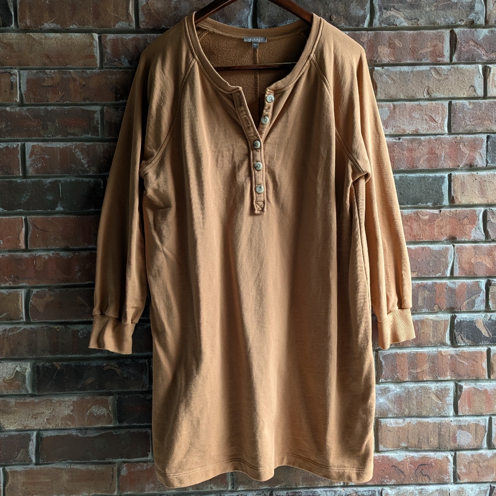 Lilla P Henley L/S Sweatshirt Dress Brown Women Sz L Cotton Minimalist Neutral